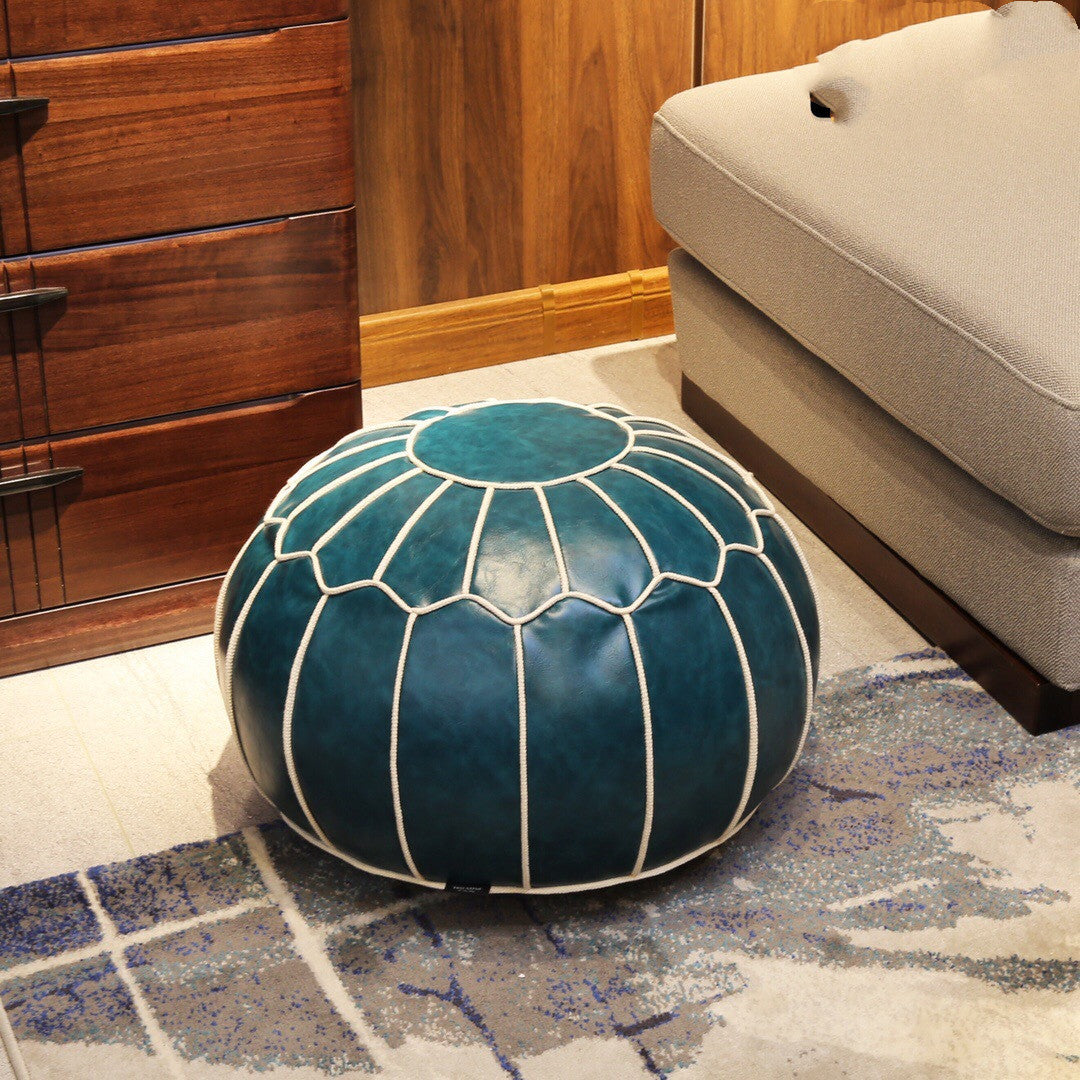 Leather Embroider Footstool Round Artificial Leather Unstuffed Cushion
