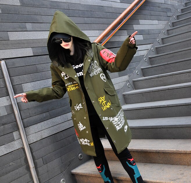 Long Hooded Women's Overcoat: Trendy Black Jacket with Scrawl Letter Printing. Perfect for 2023 Spring/Autumn