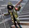 Load image into Gallery viewer, Long Hooded Women&#39;s Overcoat: Trendy Black Jacket with Scrawl Letter Printing. Perfect for 2023 Spring/Autumn