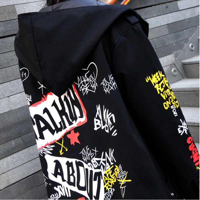 Long Hooded Women's Overcoat: Trendy Black Jacket with Scrawl Letter Printing. Perfect for 2023 Spring/Autumn