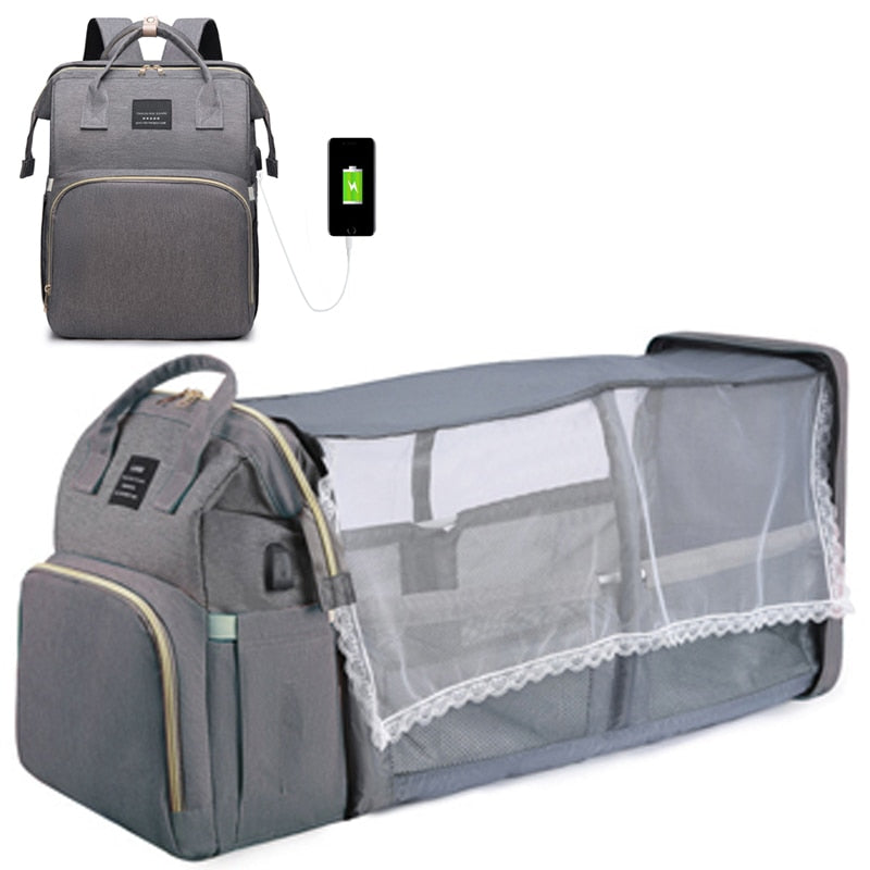 Foldable Mommy Bag with Crib and Baby Backpack