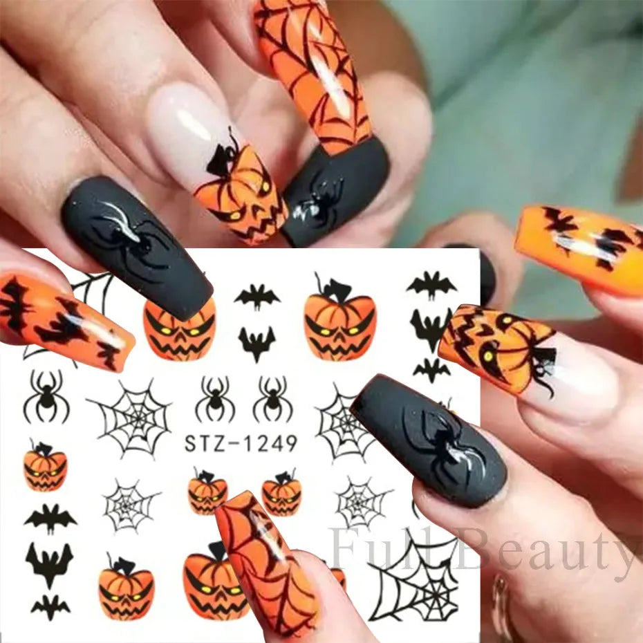 Halloween Nail Decals - Evil Pumpkin- Ghost- Bat-Spider Web