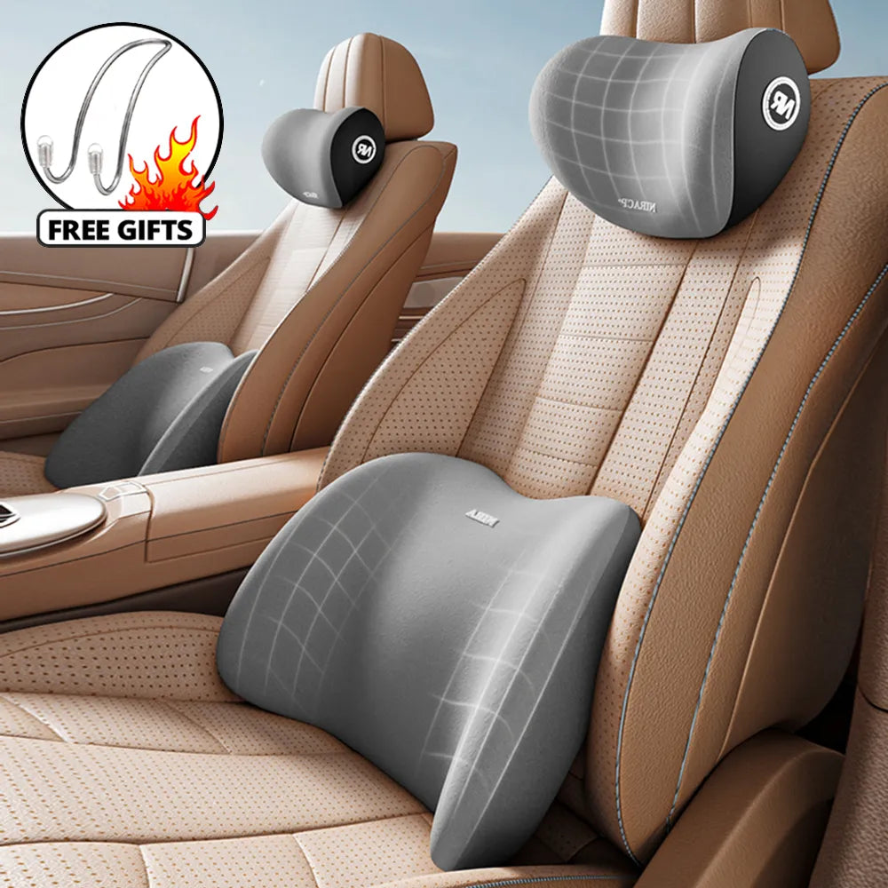 Car headrest neck and waist pillow with memory foam