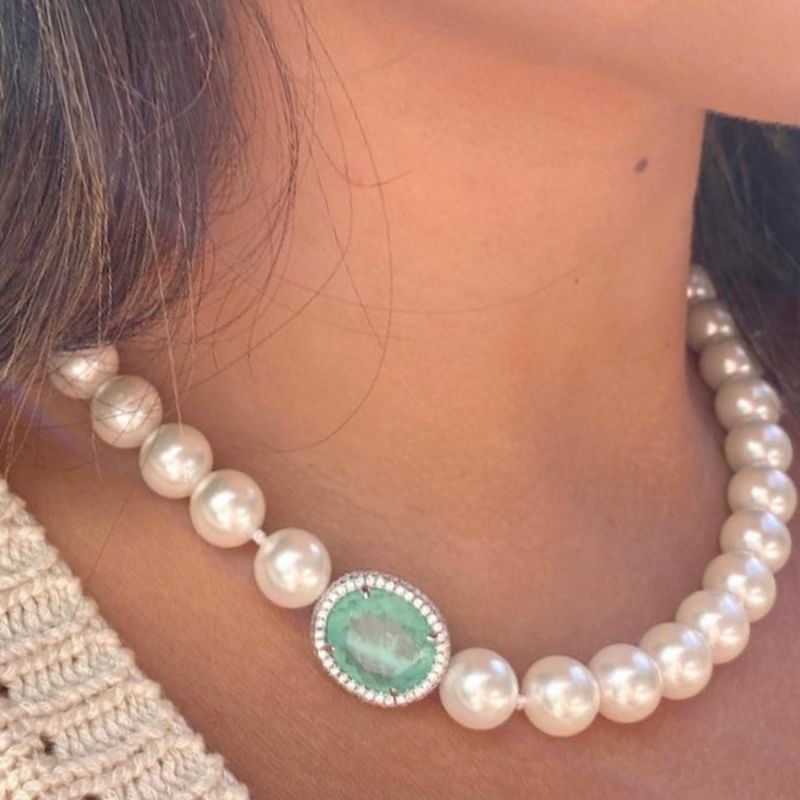 Pearl Oval Cut Aquamarine & White Sapphire Pendant Necklace