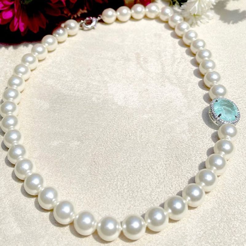 Pearl Oval Cut Aquamarine & White Sapphire Pendant Necklace