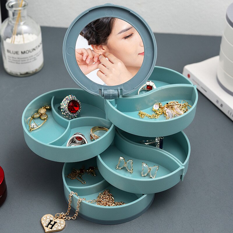 Versatile Rotating Jewelry Storage Box with Mirror