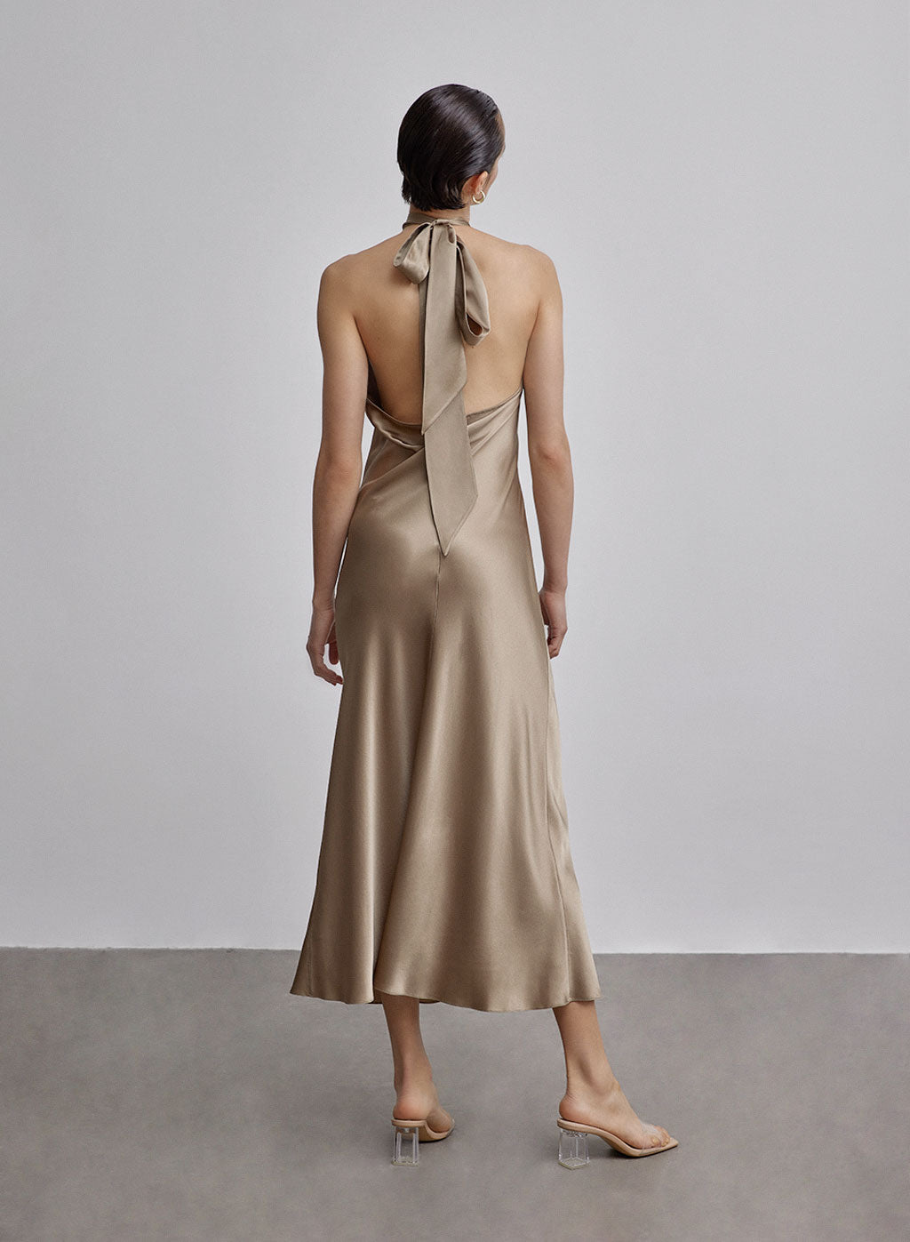 French Bow Halterneck Silk Maxi Dress