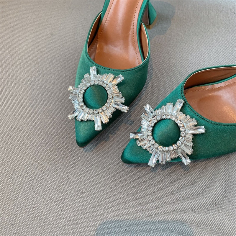 Hallie Pointed Toe Crystal Buckle Embellished Slingback High Heel Shoes