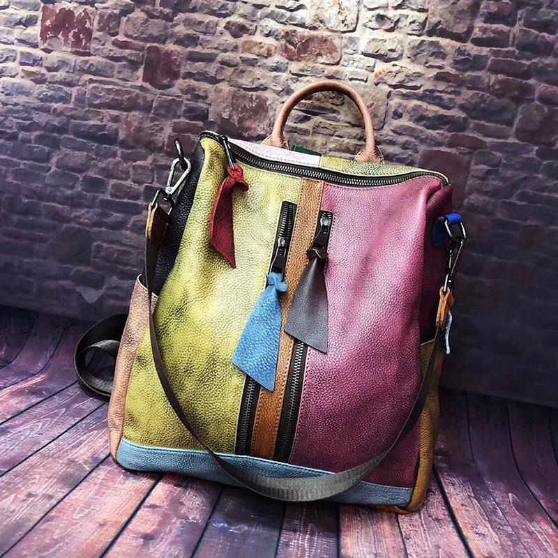 Multicolor Leather Zipper Backpack for Women