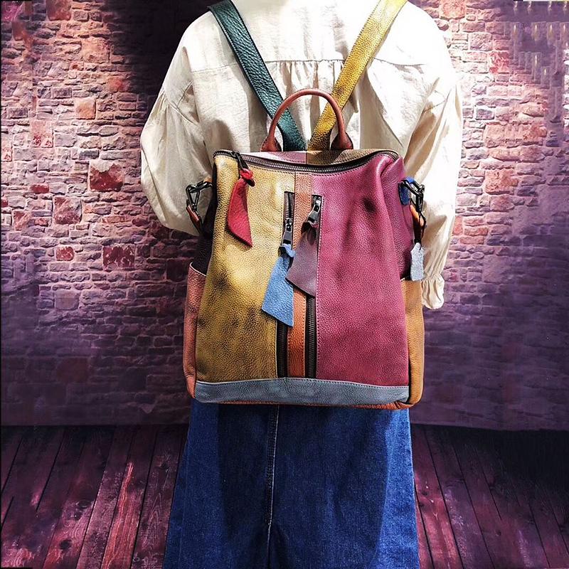 Multicolor Leather Zipper Backpack for Women