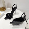 Olive Pointed Open Toe Furry Fur Embellished Slip-On Back Strap Sandals