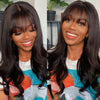 Body Wave Lace Front Wig with Bangs for Women - 180% Density, Natural Black, Glueless, Water Wave Style
