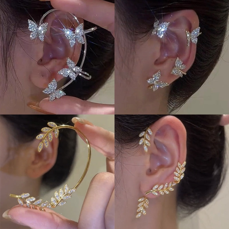 Silver plated metal butterfly earrings with sparkling zircon accents - non-pierced ear cuffs for women as fashionable jewelry