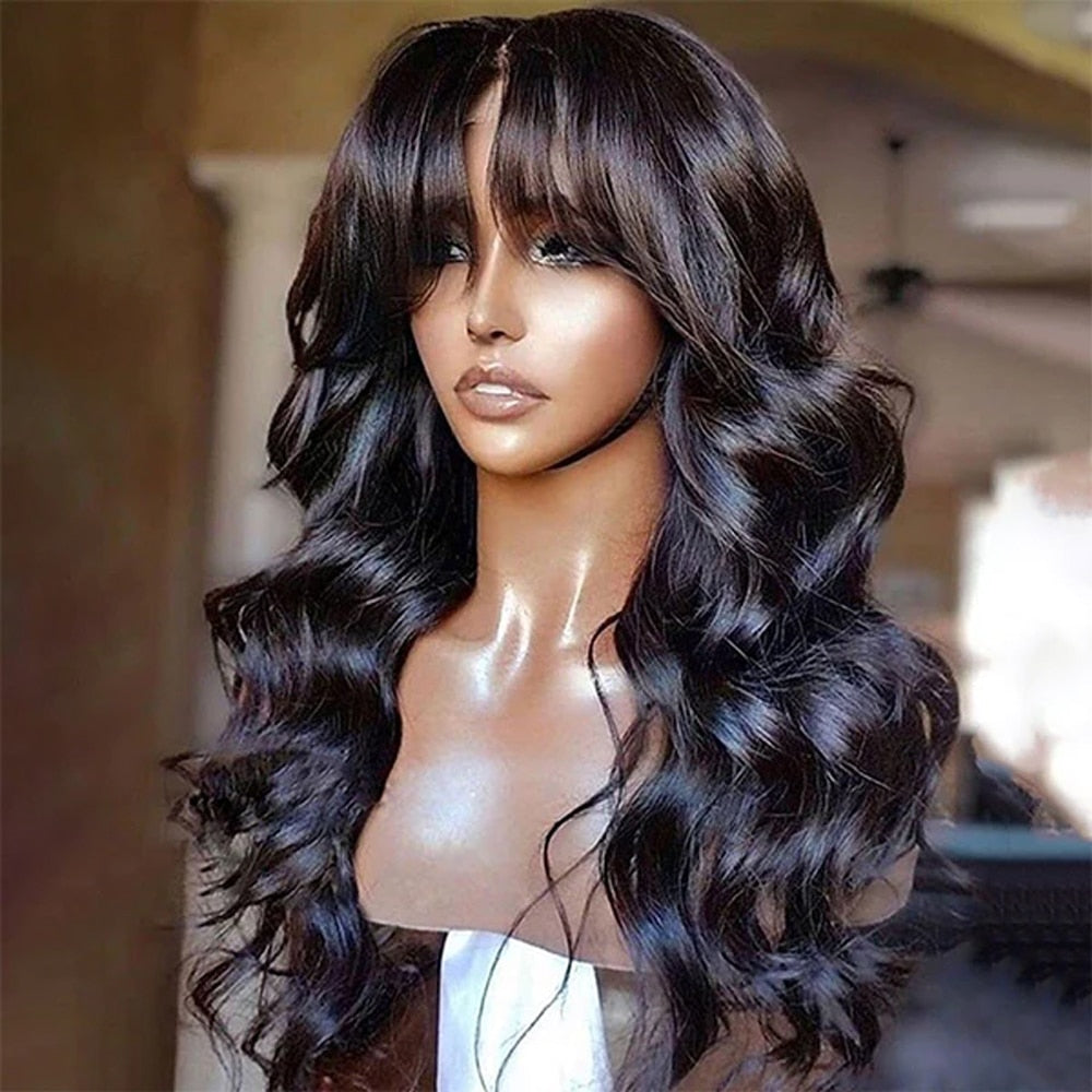 Body Wave Lace Front Wig with Bangs for Women - 180% Density, Natural Black, Glueless, Water Wave Style