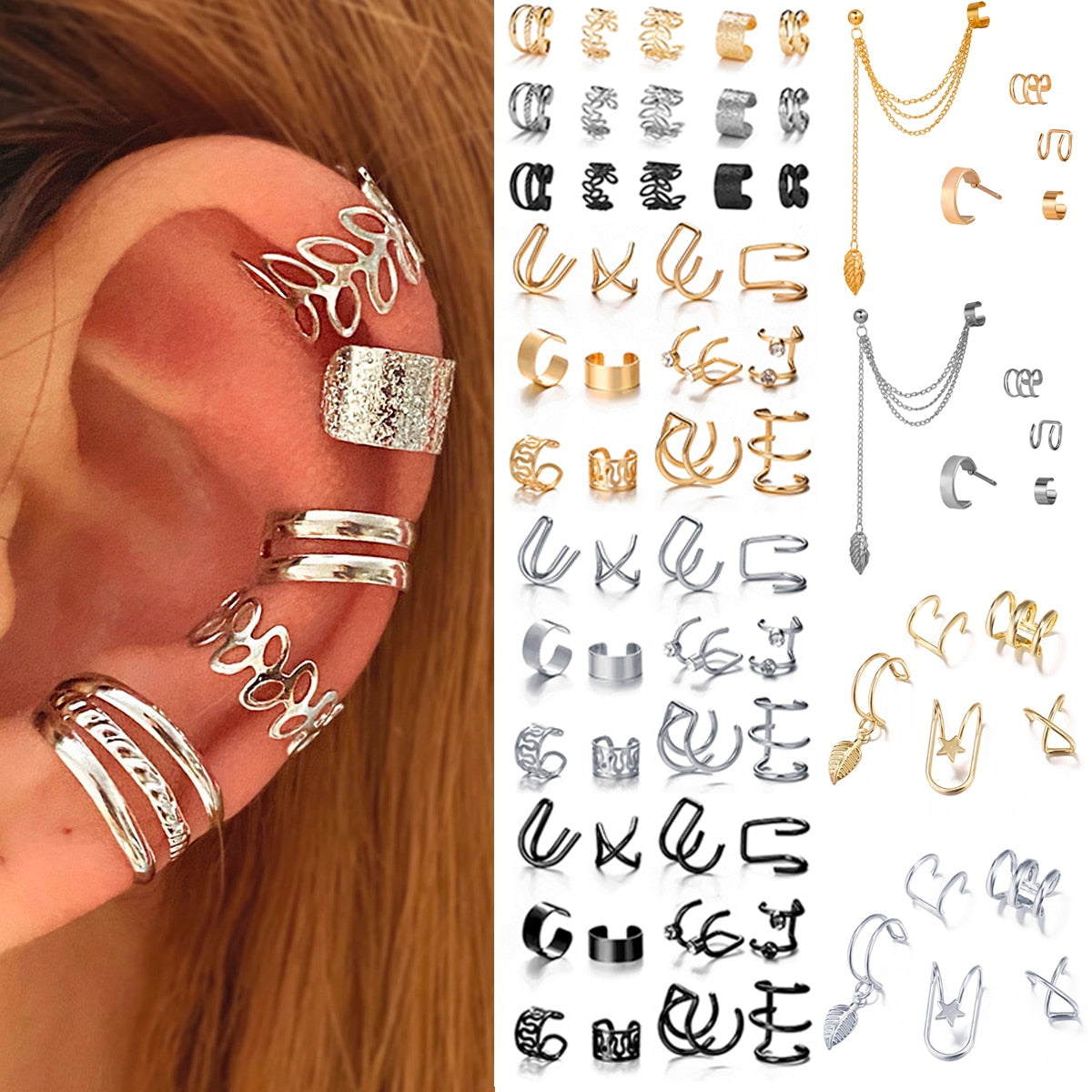 Silver Leaf Design Unisex Clip Earrings Set, Non-Piercing