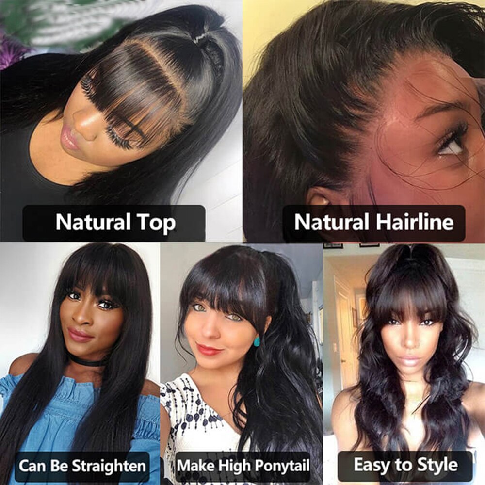Body Wave Lace Front Wig with Bangs for Women - 180% Density, Natural Black, Glueless, Water Wave Style