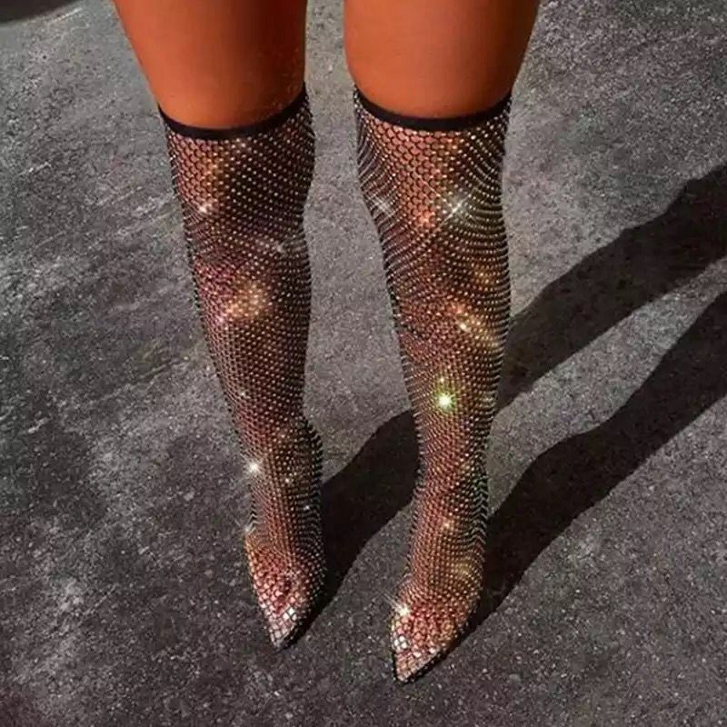 Pearl Breathable Glittered Fishnet High Heels