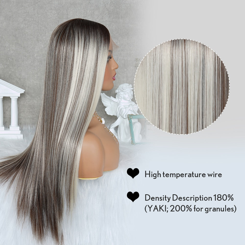 Long Straight Lace Front Wigs Ash Blonde Highlight Wig Ombre Blonde Synthetic Hair Wigs Lace Front Wigs For Women Straight Hair