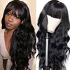 Body Wave Lace Front Wig with Bangs for Women - 180% Density, Natural Black, Glueless, Water Wave Style