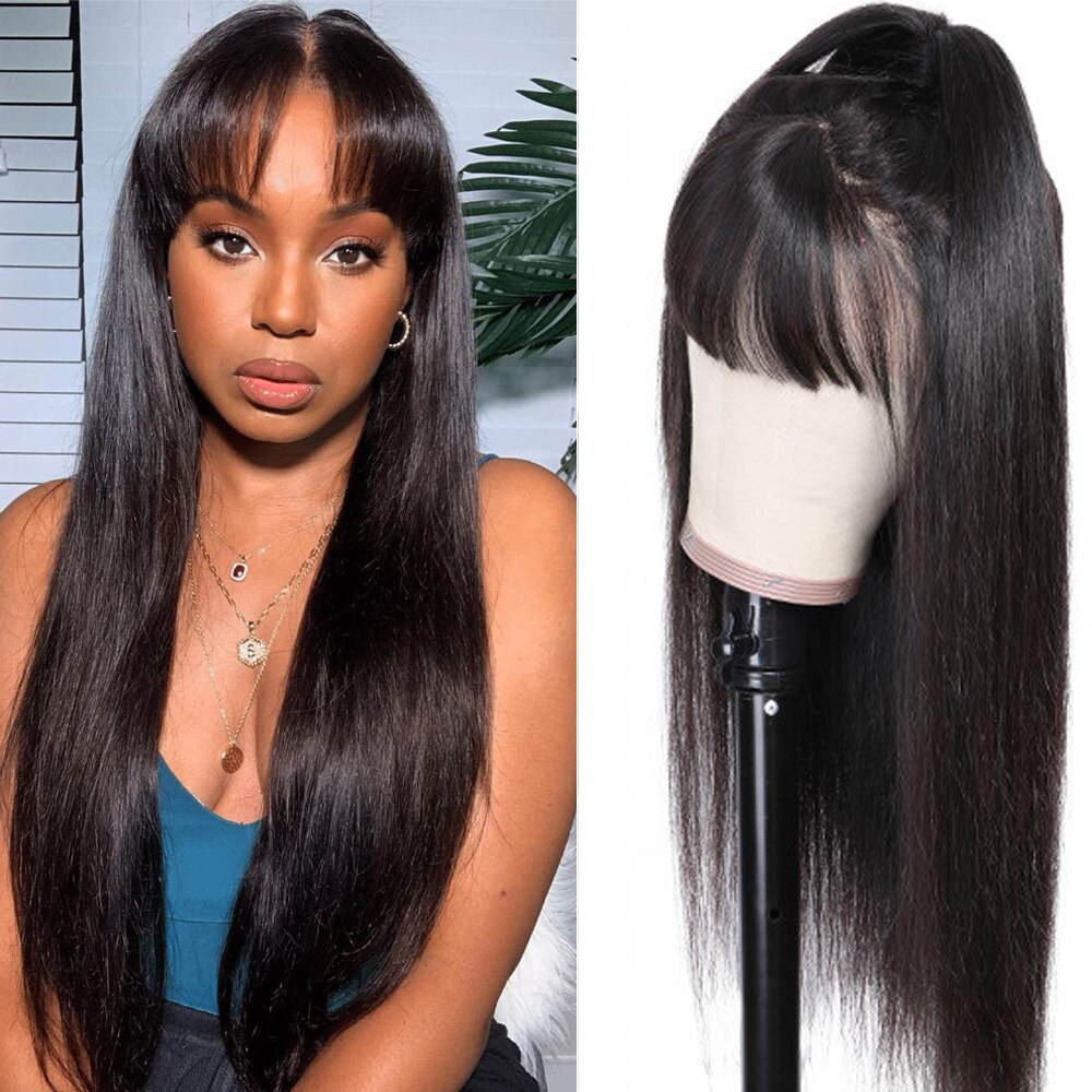 Body Wave Lace Front Wig with Bangs for Women - 180% Density, Natural Black, Glueless, Water Wave Style