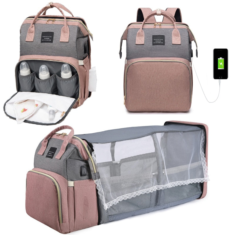 Foldable Mommy Bag with Crib and Baby Backpack