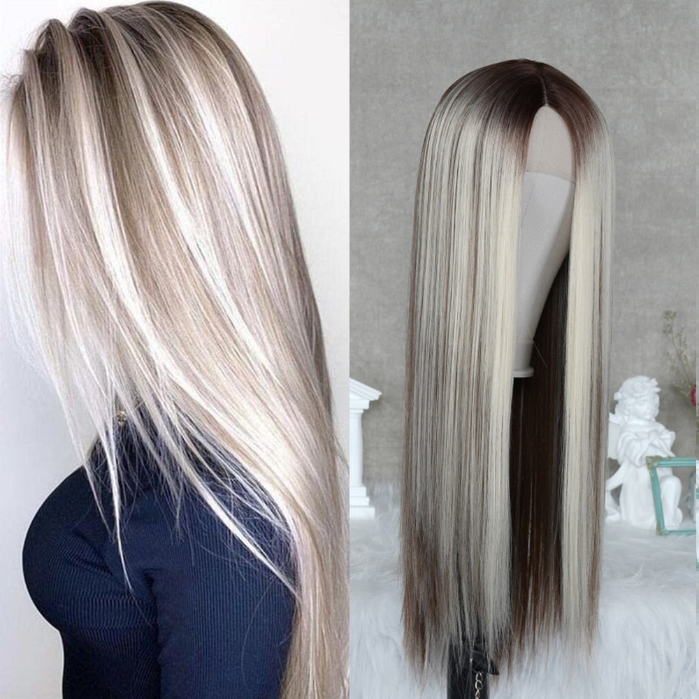 Long Straight Lace Front Wigs Ash Blonde Highlight Wig Ombre Blonde Synthetic Hair Wigs Lace Front Wigs For Women Straight Hair