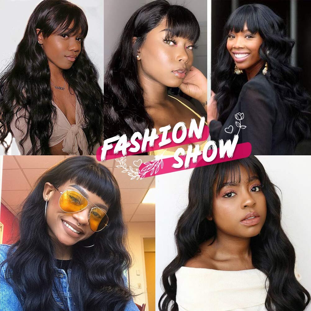 Body Wave Lace Front Wig with Bangs for Women - 180% Density, Natural Black, Glueless, Water Wave Style